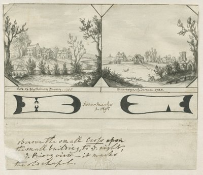 Mavesyn Ridware - Sitio del Priorato de Blythbury: dibujo en tinta india, 1795 de Stebbing Shaw