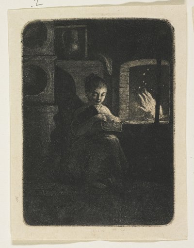 Joven leyendo junto al fuego de Stefan Juliusz Norblin de la Gourdaine