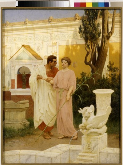 Pregunta y respuesta (Diálogo entre una pareja en el jardín de un antiguo palacio romano) - Pintura de Stepan (Stefan) Vladislavovich Bakalowicz (1857-1947), óleo sobre lienzo de Stefan Vladislavovich Bakalowicz
