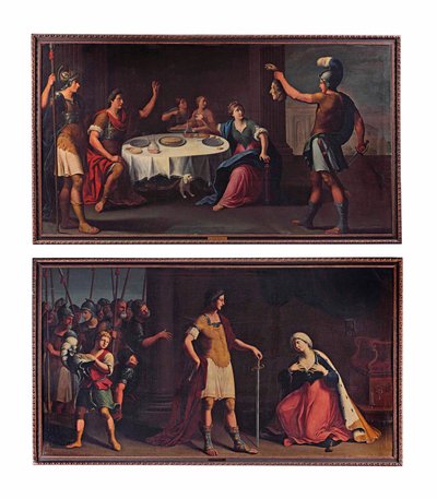 La cabeza de Pompeyo entregada a César; y Octavio Augusto César mostrando clemencia a Cleopatra (óleo sobre lienzo) de Stefano (attr.) Tofanelli