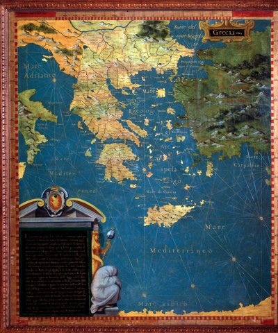 Mapa de Grecia realizado por Stefano Bonsignori (? -1589) cosmógrafo y pintor italiano. Alrededor de 1581. Florencia, Palazzo Vecchio, Sala del Mappamondo de Stefano Buonsignori