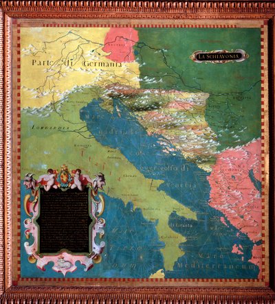 Italia y Yugoslavia (países eslavos) Mapa realizado por Stefano Bonsignori (? -1589) cosmógrafo y pintor italiano. Alrededor de 1581. Florencia, Palazzo Vecchio, Sala del Mappamondo de Stefano Buonsignori