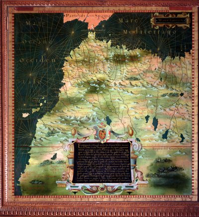 África del Norte (Marruecos) y Estrecho de Gibraltar Mapa realizado por Stefano Bonsignori (? -1589) cosmógrafo y pintor italiano. Alrededor de 1581. Florencia, Palazzo Vecchio, Sala del Mappamondo de Stefano Buonsignori