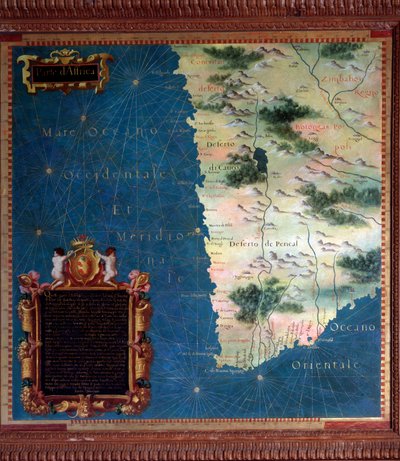 Mapa de Sudáfrica y Cabo de Buena Esperanza hecho por Stefano Bonsignori (? -1589) cosmógrafo y pintor italiano. Alrededor de 1581. Florencia, Palazzo Vecchio, Sala del Mappamondo de Stefano Buonsignori