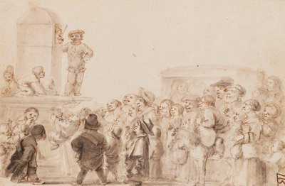 Un grupo de enanos viendo un espectáculo de marionetas, con un carruaje en el fondo de Stefano della Bella