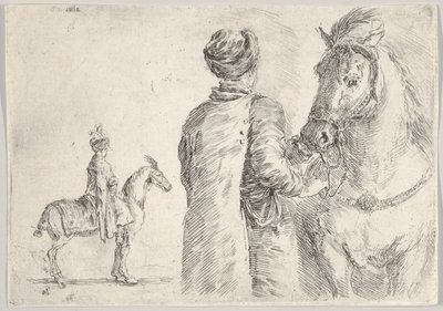 Un ayuda de cámara polaco, visto desde atrás, sosteniendo las riendas de un caballo a la derecha, un caballo polaco..., ca. 1662 de Stefano della Bella