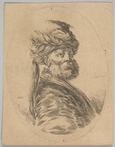 Un hombre turco con barba y turbante con una pluma larga en el frente, girado tres cuartos, 1650 de Stefano della Bella