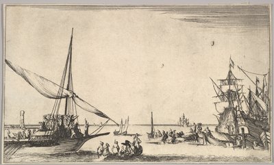 Una galera llegando al puerto a la izquierda, varios botes en el centro, barcos en el puerto a la derecha, 1639 de Stefano della Bella
