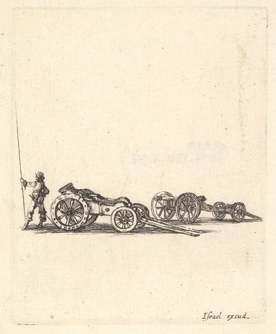 Un mortero y un cañón, ambos montados en carruajes, un soldado mostrado de espaldas, ca. 1638-43 de Stefano della Bella