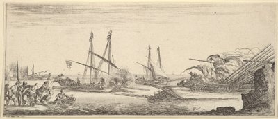 Una batalla naval, un bote lleno de hombres a la izquierda, un barco hundiéndose a la derecha, dos galeras en el fondo, ca. 1641 de Stefano della Bella