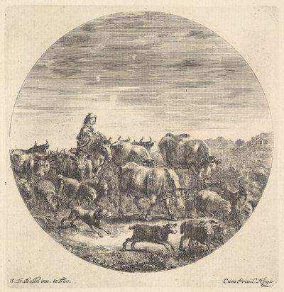 Una campesina sentada en un caballo a la izquierda, mirando a la derecha, rodeada de un rebaño, ca. 1643-48 de Stefano della Bella