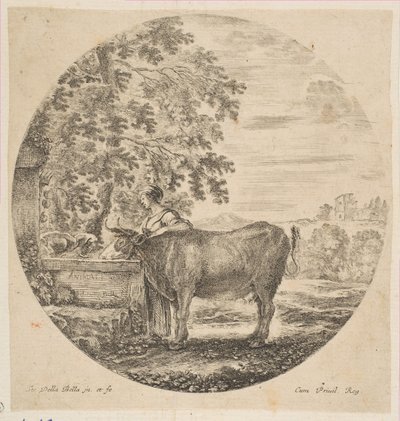 Una campesina con una vaca en una fuente decorada con los brazos de los Medici, ca. 1646 de Stefano della Bella