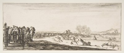 Procesión de carruajes de cañones tirados por caballos hacia la izquierda, jinetes en combate y un caballo muerto..., ca. 1641 de Stefano della Bella