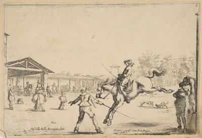 Una escuela de equitación, un jinete con espada saltando dirigido por otro hombre con una espada, ca. 1645 de Stefano della Bella