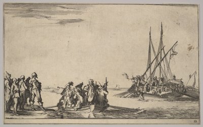Un bote lleno de hombres en el centro, un grupo de hombres de pie en la orilla a la izquierda, un barco lleno de..., 1639 de Stefano della Bella