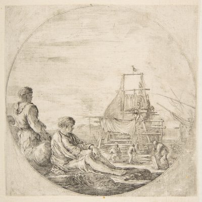 Un marinero blanco sentado y un marinero negro de pie, personas construyendo un barco en el fondo..., ca. 1660 de Stefano della Bella