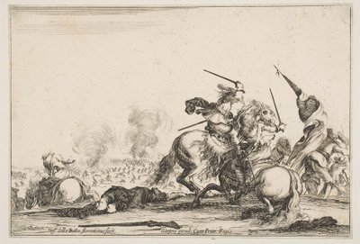 Una escaramuza, dos jinetes luchando con espadas a la derecha, hombres con una bandera corriendo... de Stefano della Bella