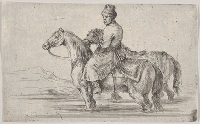 Un ayuda de cámara llevando dos caballos a bañarse, sentado sobre uno en un río, el otro al lado..., ca. 1662 de Stefano della Bella