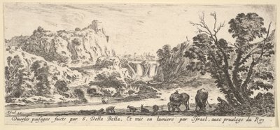 Una cascada descendiendo de las montañas en el fondo central, varios animales, ca. 1641. de Stefano della Bella