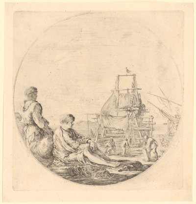 Un marinero africano y otro europeo junto a un barco de Stefano della Bella