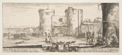 Entrada a una fortaleza en el centro, una mujer con un niño sentada junto a un fuego a la derecha, ca. 1641 de Stefano della Bella