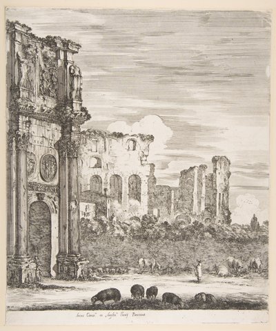 Arco de Constantino y Coliseo con ovejas pastando en primer plano, de Seis vistas grandes..., 1656 de Stefano della Bella