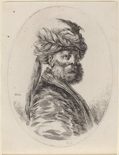 Moro barbudo con turbante emplumado con velo, girado a la derecha, 1649-1650 de Stefano della Bella