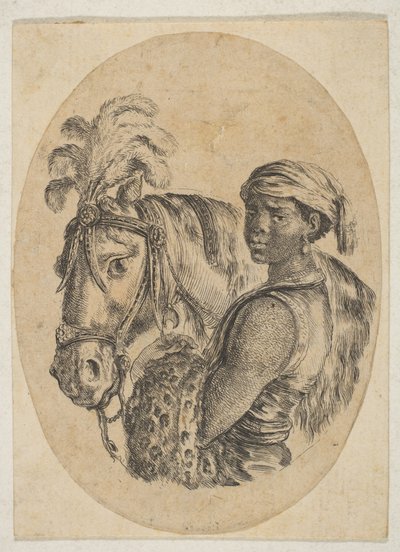 Esclavo negro lleva una piel de leopardo y sostiene las riendas de un caballo, de Varias cabezas..., 1649-50 de Stefano della Bella