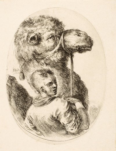Niño sujetando un camello por la brida, de Plusieurs Têtes Coiffées à la Persienne, pub. c. 1650 (grabado) de Stefano della Bella