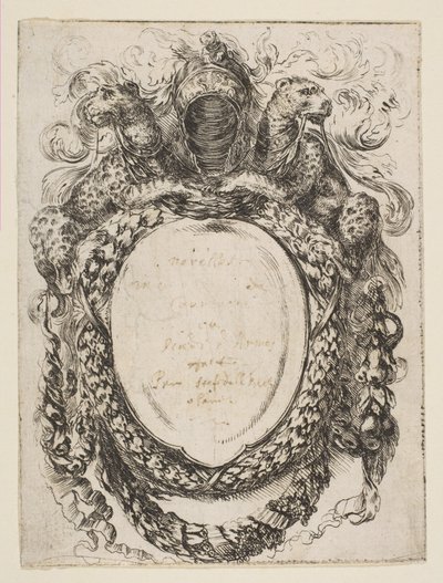 Cartucho coronado por casco y leopardos de Stefano della Bella