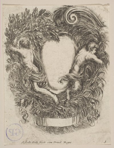 Cartucho enmarcado por Apolo y Pan, 1647 de Stefano della Bella