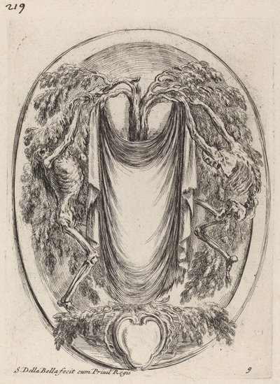 Cartucho en forma de cortina suspendida de un ciprés flanqueado por esqueletos, 1647 de Stefano della Bella