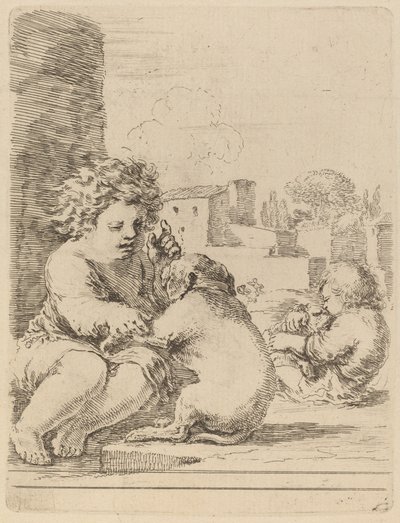 Niño jugando con un perro de Stefano della Bella