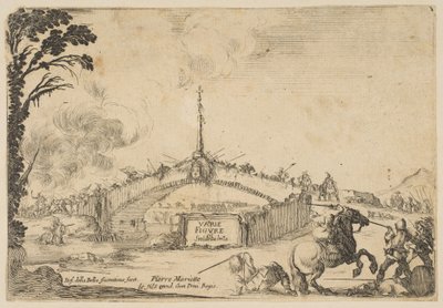 Combate en un puente, un jinete y dos soldados de infantería luchan con espadas en la parte inferior derecha, ca. 1645 de Stefano della Bella