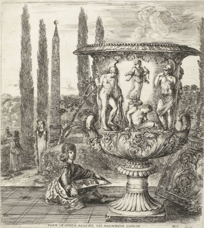 De jonge Cosimo III de Medici tekent de Medici-vaas Roma, en los jardines de los Medici, un mármol excepcional (título sobre objeto) Gezichten op Rome en omgeving (título de la serie) Six grandes vues, dont quatre de Rome et deux de la Campagne romaine (tí de Stefano della Bella