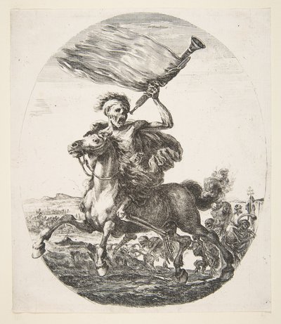 La muerte a caballo sosteniendo una trompeta, de Las cinco muertes, ca. 1648 de Stefano della Bella