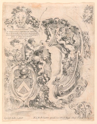 Escudos y detalles para escudos, No. 2 de "Raccolta di varii cappriccii et nove inventioni di cartelle et ornamenti" de Stefano della Bella