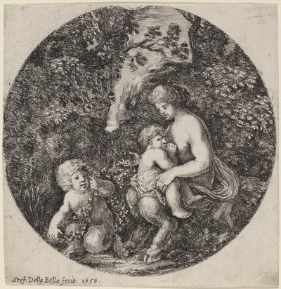 Sátiro hembra amamantando a un niño en un paisaje boscoso de Stefano della Bella
