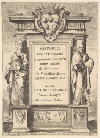 Frontispicio: un monumento decorado con el escudo de armas de los Medici en la parte superior en el centro, llamas a..., 1640 de Stefano della Bella