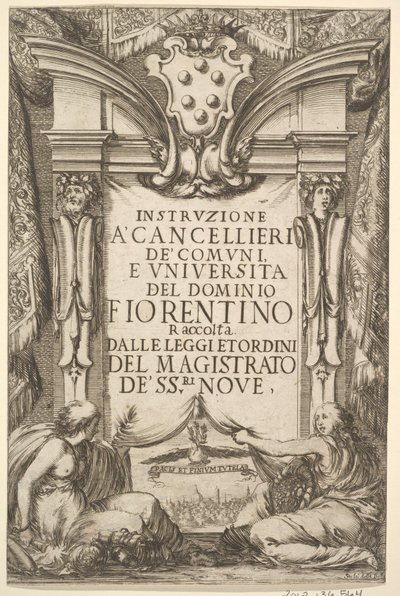 Frontispicio para Instrucciones para Cancilleres: Escudo de armas de los Medici, 1635 de Stefano della Bella
