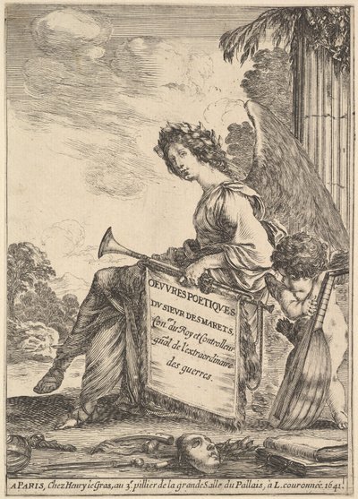 Frontispicio para Poemas de Desmarets: una mujer alada rep..., 1641 de Stefano della Bella