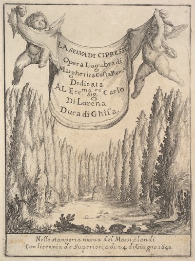 Frontispicio para El Bosque de Cipreses: dos putti sostienen un tapiz de Stefano della Bella