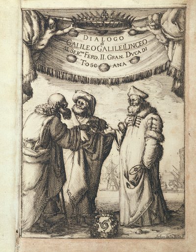 Galileo (izquierda) conversando con Ptolomeo (centro) y Copérnico, frontispicio ilustrado del Dialogo sopra i due Massimi Sistemi del Mondo, Tolemaico e Copernicano de Stefano della Bella