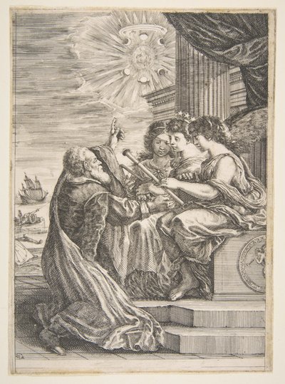 Galileo y personificaciones de Astronomía, Perspectiva y Matemáticas, frontispicio para, 1656 de Stefano della Bella