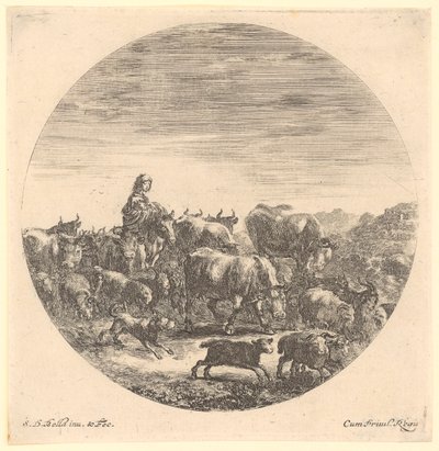 Pastora a caballo con un rebaño de vacas y ovejas, lámina 5 de la serie «Seis motivos de animales en representación circular» de Stefano della Bella