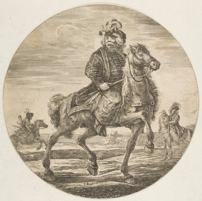 Jinete húngaro cabalgando hacia la derecha, otros jinetes en el fondo de Stefano della Bella