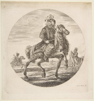 Jinete húngaro cabalgando hacia la derecha, otros jinetes en el fondo de Stefano della Bella