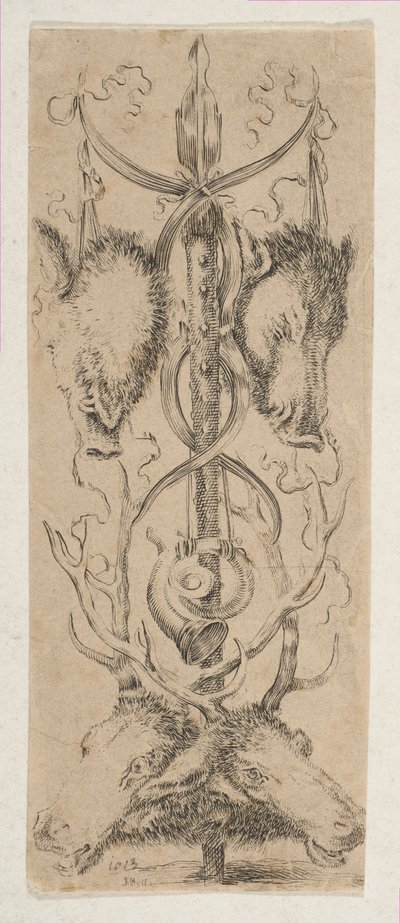 Trofeo de caza con cabezas de ciervo en la parte inferior, ca. 1653 de Stefano della Bella