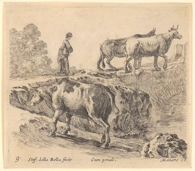 Una vaca sube una colina, al fondo una campesina con dos vacas entra en un puente de Stefano della Bella