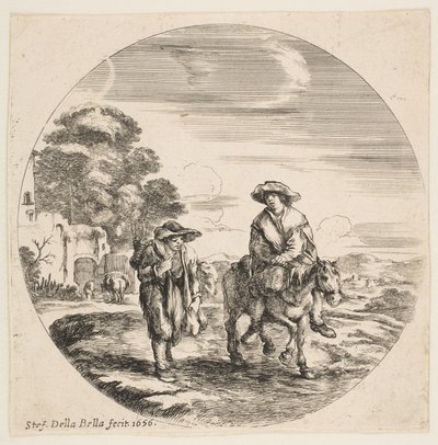 Paisaje con dos campesinos, uno montando un caballo, de Paisajes y puertos marítimos Paysages..., 1656 de Stefano della Bella